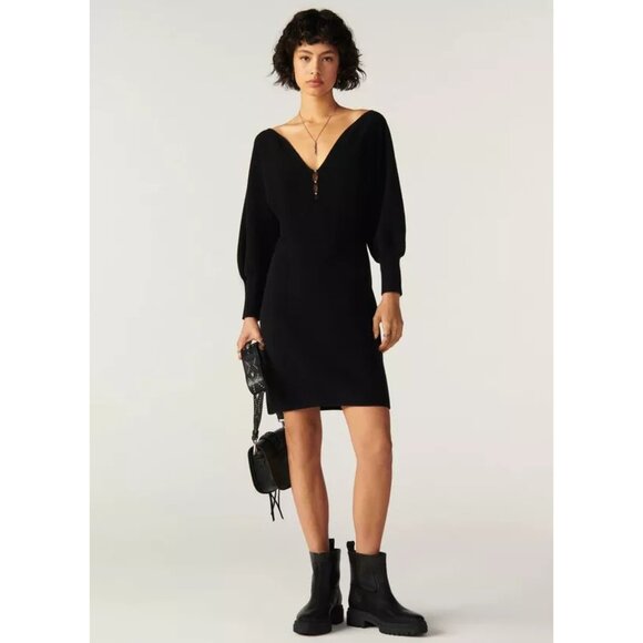 ba&sh Dresses & Skirts - ba&sh Hazia Ribbed-Knit Mini Dress / Large / US 8 / Black V-Neck Puff Sleeves